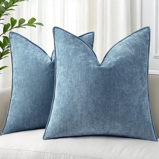 decorUhome Summer Couch Throw Pillow Covers 18x18 Set of 2, Decorative Soft Velvet Modern Cozy Chenille Pillow Cases with Elegant Design for Sofa Bed Living Room Home Decor, Blue Grey