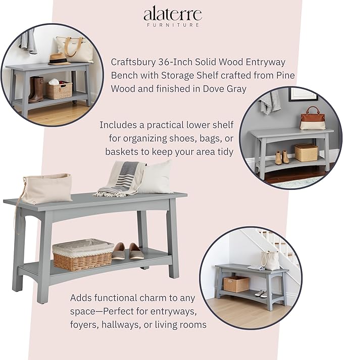 Craftsbury 36-Inch Wood Entryway Bench with Storage Shelf – Dove Gray Accent Bench for Entryway, Hallway, or Living Room – Small Space Seating with Farmhouse Charm by Alaterre Furniture
