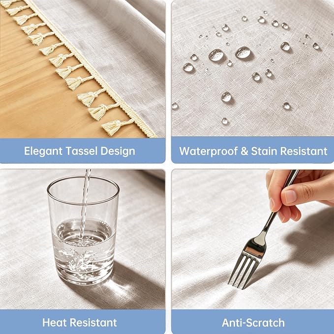 Alsoo Table Cloth Rectangle Table Linen Look Texture Cotton Tablecloth Waterproof Wrinkle Free Heavy Duty Tables Cover with Tassel for Kitchen Dining Holiday Party, Light Brown, 55" x 75"