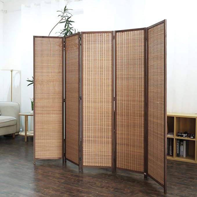 Furnnylane 5 Panel Bamboo Room Divider - 5.6 ft Tall Folding Privacy Screen for Room Separation, Natural Brown Freestanding Partition Wall for Home Office (67" H x 76.75" W)