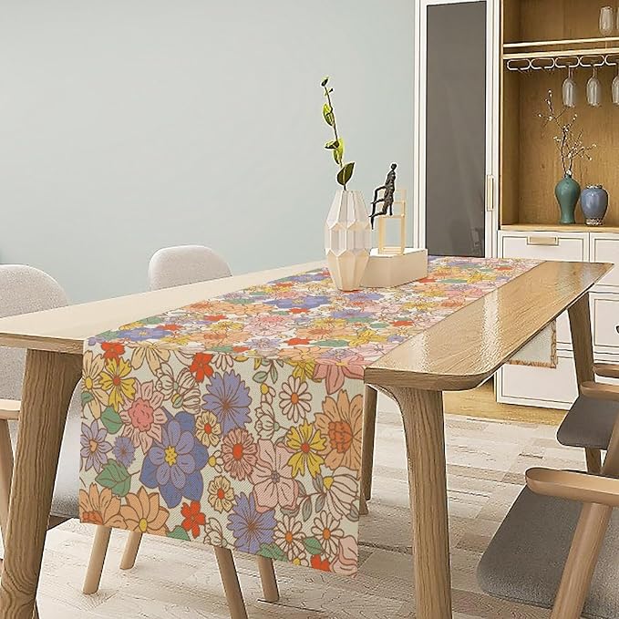 Vintage Floral Table Runner Boho 70s Style Retro Flower Hippie Groovy Pattern Dinner Runner for Home Kitchen Dining Table Party Decor 13"x70"
