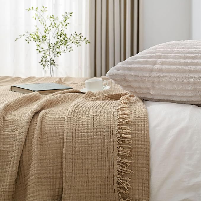 Esterra Muslin Throw Blanket 50x65 Inches Cozy Soft Lightweight Pre-Washed Cotton Blanket, All Season Breathable 4-Layer Gauze Blanket Throw for Sofa Couch Bed, Curds&Whey