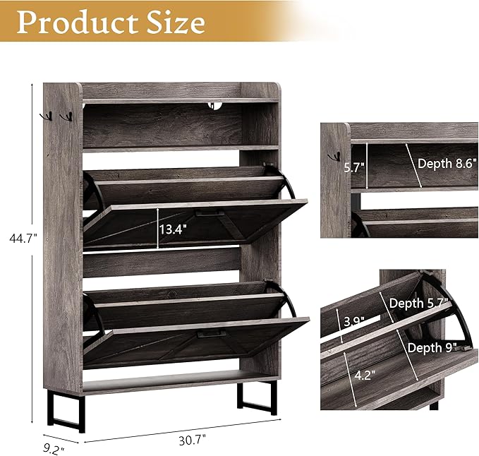 Wodeer Shoe Storage Cabinet with 2 Flip Drawers, Narrow Wood Shoe Cabinet Storage for Entryway with Metal Legs & Hooks, Adjustable Shelves, Freestanding Shoe Rack Organizer for Foyer, Hallway, Grey