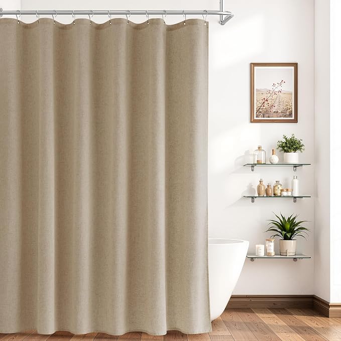 Naturoom Extra Long Linen Shower Curtain 84 Inch Long for Bathroom Shower Curtains Set with Hooks Boho Farmhouse Fabric Neutral Cloth Modern Cottage Core Waterproof,Eggshell Beige