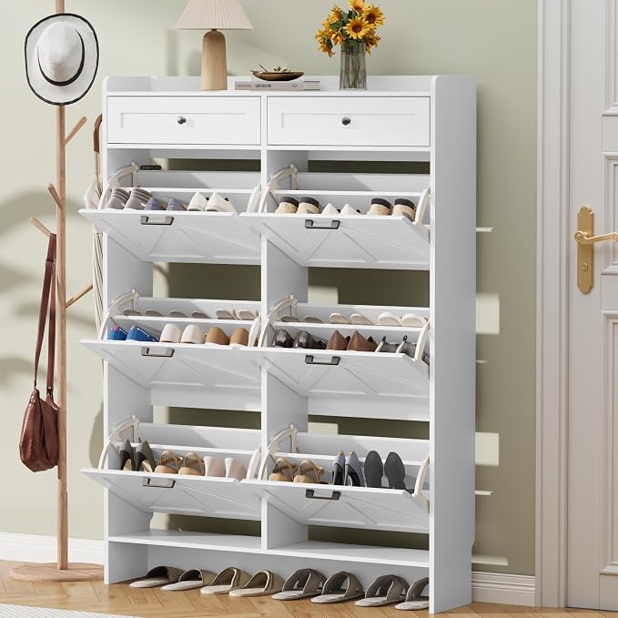 Thacuok Shoe Cabinet with 6 Flip Drawers & 2 Storage Drawers, Rustic Farmhouse Narrow Shoe Organizer Cabinet, Slim Shoe Rack Cabinet, Shoe Storage Cabinet for Entryway, Hallway, Front Door
