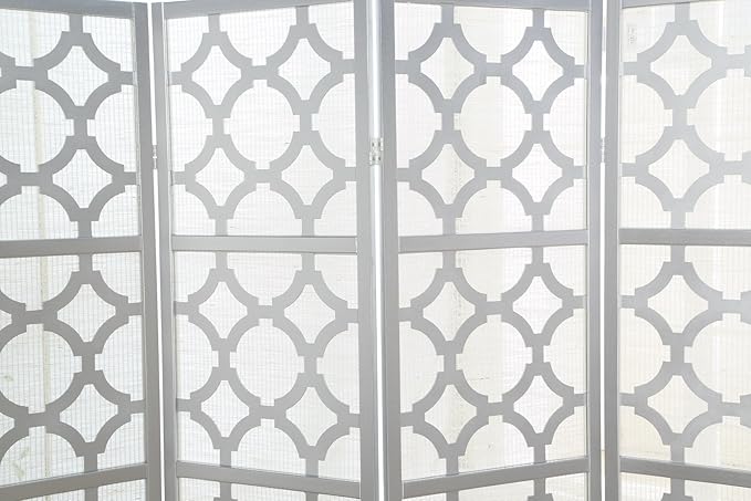 Roundhill Furniture Quarterfoil Infused Diamond Design 4-Panel Room Divider, Silver