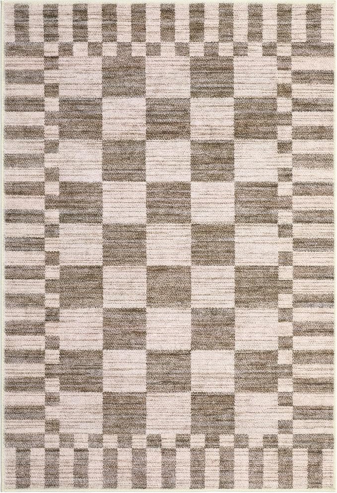 GarveeHome Brown Checkered Rug 2x3 Washable Rug Non-Slip for Entryway, Geometric Tan Brown Print Soft Low-Pile Small Area Rugs,Beige Neutral Modern Geometric Rugs for Kitchen