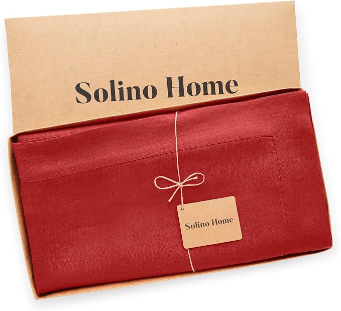 Solino Home Linen Red Tablecloth 60 x 102 Inch - 100% Pure Linen Rectangular Tablecloth - Machine Washable Table Cloth for 4th of July - Fete
