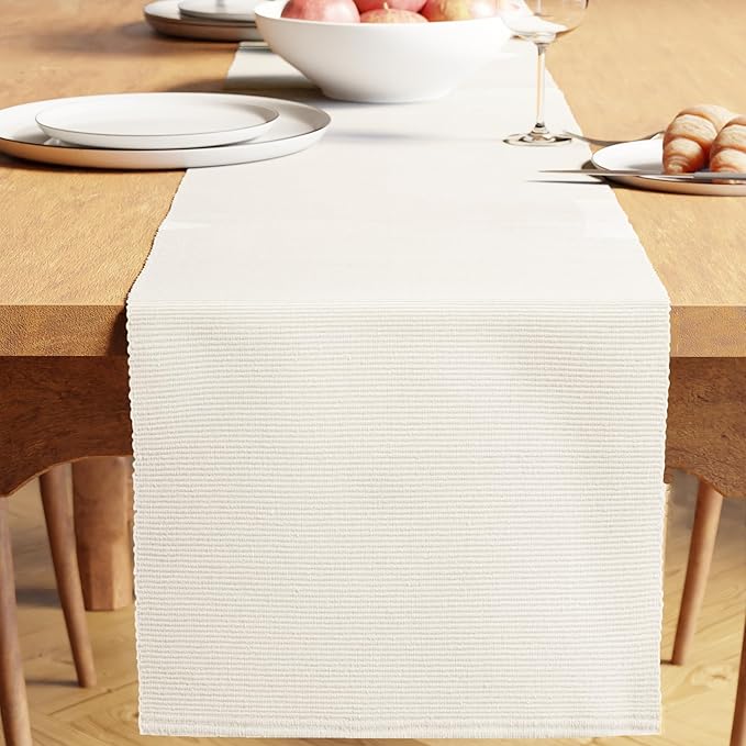 Encasa XO Dining Table Runner 13"x79" | Yarn Dyed Fine Ribbed Cotton | Solid Off White | Machine Washable