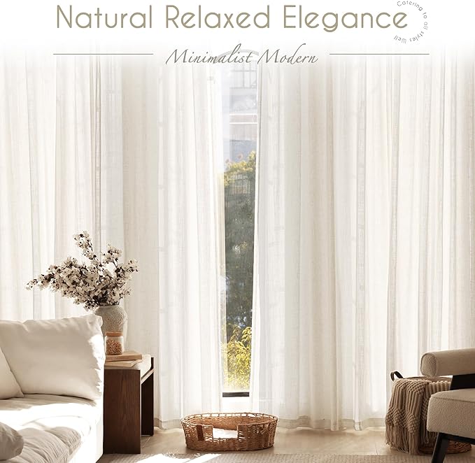 Cream Natural Linen Curtains 90 inch Length 2 Panels Set Neutral Rustic Farmhouse Living Room Drapes Back Tab Pleated Look Light Filtering Semi Sheer Curtains 90 inches Long Ivory Colored 60x90