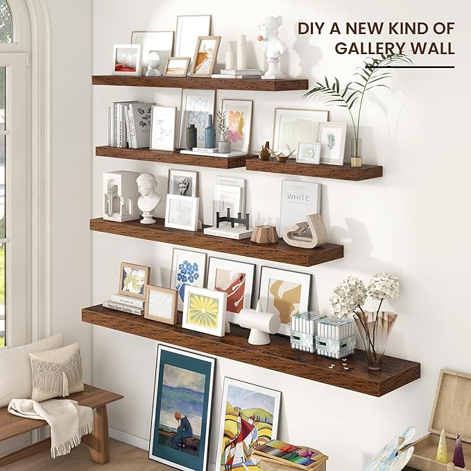 Floating Shelves for Wall 24 inch Long, Engineered Wood Wall Shelves with Invisible Brackets for Living Room Bedroom Bathroom Office Kitchen Decor and Storage, Rustic Brown Finish, Set of 2