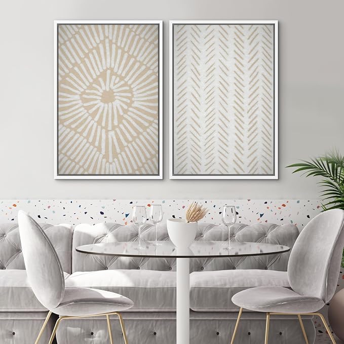 SIGNWIN Framed Canvas Print Wall Art Set Tan White Tropical Geometric Collage Abstract Shapes Cozy Neutral Modern Art Minimal Boho Relax/Calm for Living Room, Bedroom, Office - 24"x36"x2 White