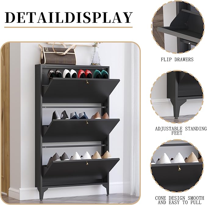 Shoe Storage Cabinet for Entryway with 3 Flip Drawers, Freestanding Shoe Organizer with Legs,Farmhouse Narrow Shoe Storage Cabinet for Entryway, Foyer,Living Room (3-Drawers, Black)