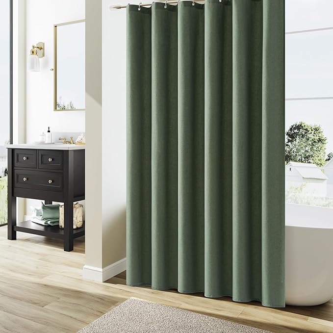 Naturoom Olive Green Shower Curtain 84 inches Long, Linen Rustic Weighted Fabric Shower Curtain Set with Hooks, Bohemian Country Thick Bath Curtains for Bathroom,72x84
