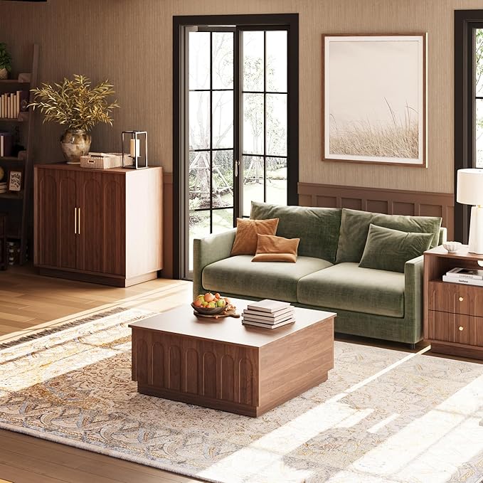 FORTUNETEC Lift Top Coffee Table with Storage, Modern Coffee Table with Arched Design, 31.5" Square Tea Table with Wood Grain, Minimalist Multifunctional Center Table for Living Room, Office, Walnut