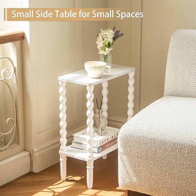 Fultyle Narrow Side Table, Small End Table with 2-Tier Storage, Small Bedside Table Slim Nightstand for Narrow Spaces, Living Room, Bedroom (White)