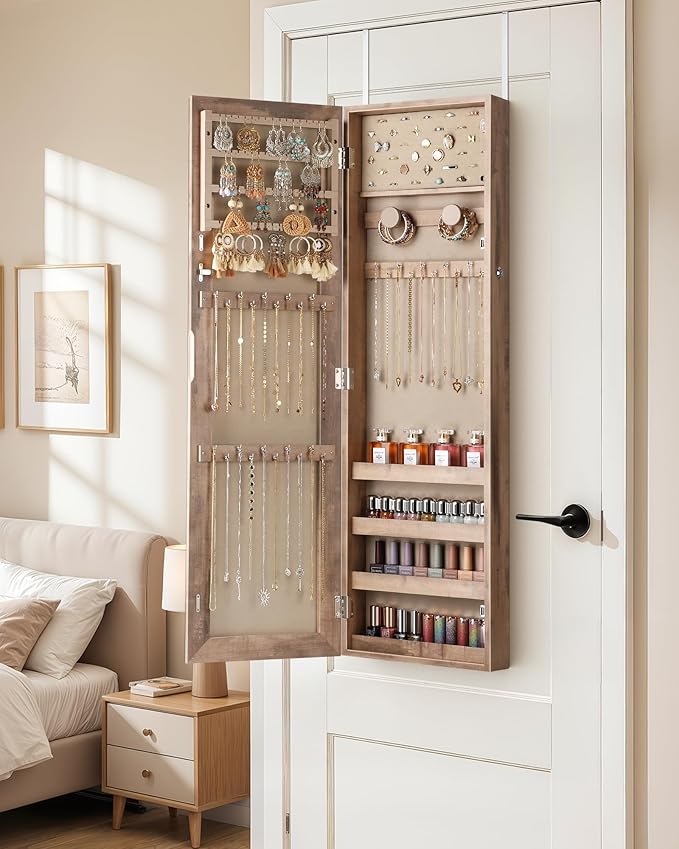 Nicetree Mirror Jewelry Cabinet, Jewelry Armoire with Full Length Mirror,Mirror with Jewelry Storage Wall/Door Mounted, Lockable Jewelry Armoire Organizer, Oak