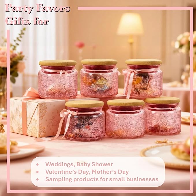 4 oz Pink Glass Jars with Airtight Bamboo Lids 6 pack, Decorative Small Food Storage Canister, Vintage Embossed Home Décor Candle Parties Wedding Baby Shower Favors Gift