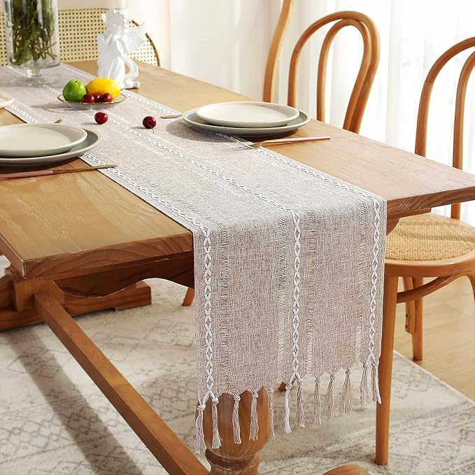 Chassic Fall Rustic Farmhouse Style Linen Table Runner, Boho Handmade Tassel Table Runners 90 Inches Long for Holiday Party, Thanksgiving and Dining Decorations, 13 x 90 inch - Light Coffee