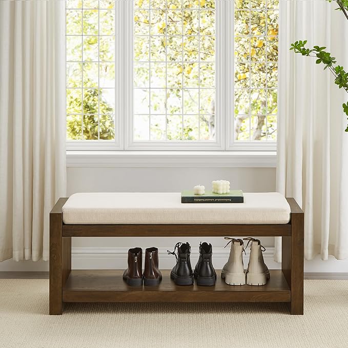 Accent Bench with Lower Shelf Shoe Rack, Padded Seating Bench for Living Room, Modern Compact Bed End Bench with Storage for Bedroom Seating, Removable Cushion (Ivory, 40" L)