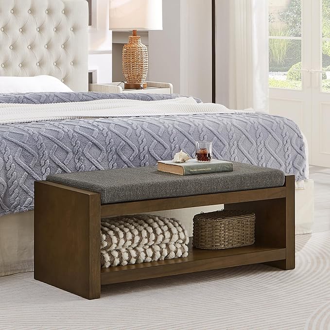 Accent Bench with Lower Shelf Shoe Rack, Padded Seating Bench for Living Room, Modern Compact Bed End Bench with Storage for Bedroom Seating, Removable Cushion (Granite, 40" L)