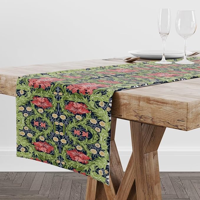 William Morris Flower Table Runner, Vintage Boho Style Plant Pattern Dinner Runner for Home Kitchen Dining Table Decoration 13x70 Inch