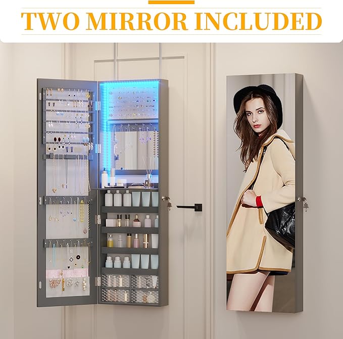 47.2" LED Jewelry Mirror Cabinet, Wall/Door Mounted Jewelry Armoire Organizer with Full Length Mirror, Large Storage Hanging Cabinet, 4 Drawers, 5 Shelves, Built-in Lighted Mirror (Grey)
