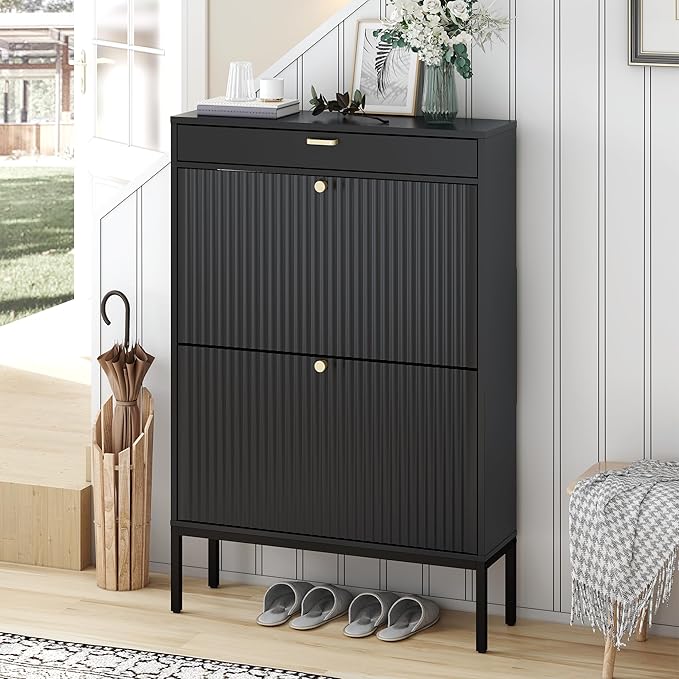 Brafab Shoe Rack Storage Organizer, Shoe Storage Cabinet with 2 Flip Drawers&1 Small Drawer, Slim Entryway Shoe Organizer with Fluted Panel Doors,Dark Black