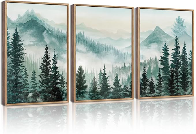 KUVIOKE Fog Pine Tree Mountain Landscape Framed Wall Art Watercolor Nature Misty Forest Painting Vintage Farmhouse Rustic Wall Decor for Bedroom Hallway 12x16in (Natural Framed)