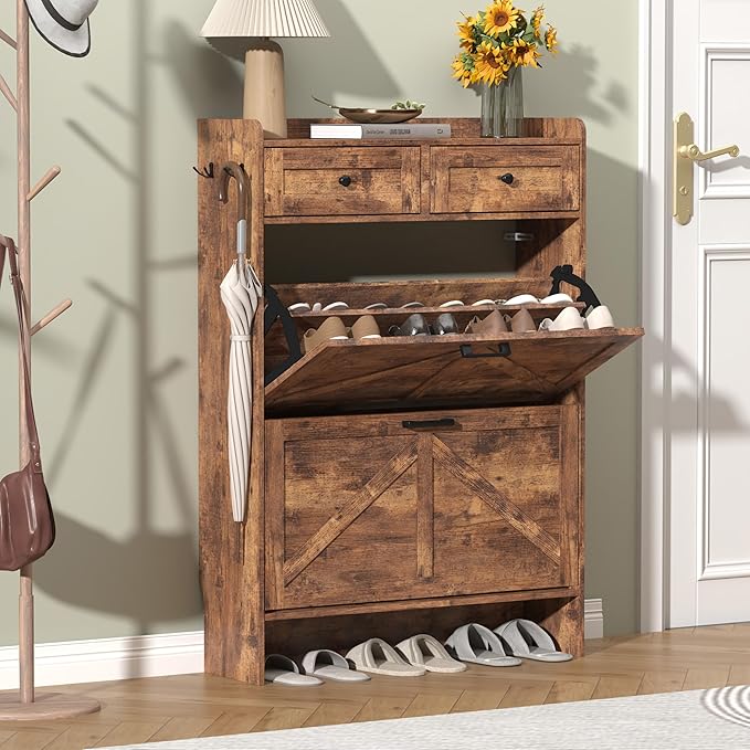 Thacuok Shoe Cabinet with 2 Flip Drawers & 2 Storage Drawers, Rustic Farmhouse Narrow Shoe Organizer Cabinet, Slim Shoe Rack Cabinet, Shoe Storage Cabinet for Entryway, Hallway
