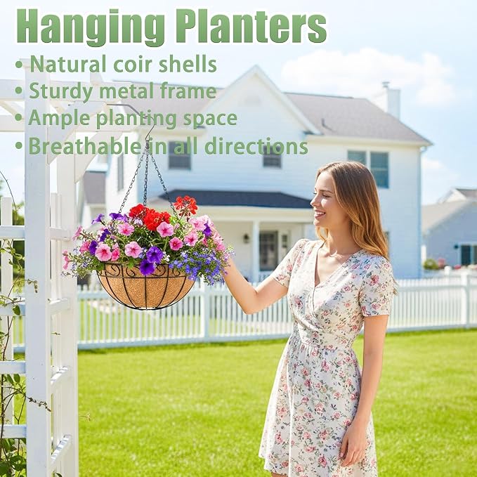 4 Pack 12 Inch Hanging Baskets for Plants Outdoor Metal Hanging Planters Round Hanging Flower Pots with Coco Coir Liner Plant Holder for Outdoor Patio Garden Balcony Decor - Flower Border