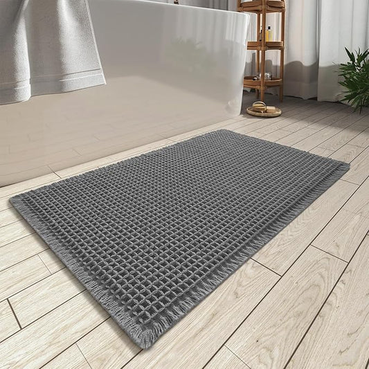 AMOAMI Upgraded Waffle Bath Mat, Super Absorbent Non Slip Bath Mats for Bathroom Floor, Washable Bathroom Rugs with Tassels, Rubber Backed Bathroom Mats, Ultra Soft, 17" x 24", Dark Grey