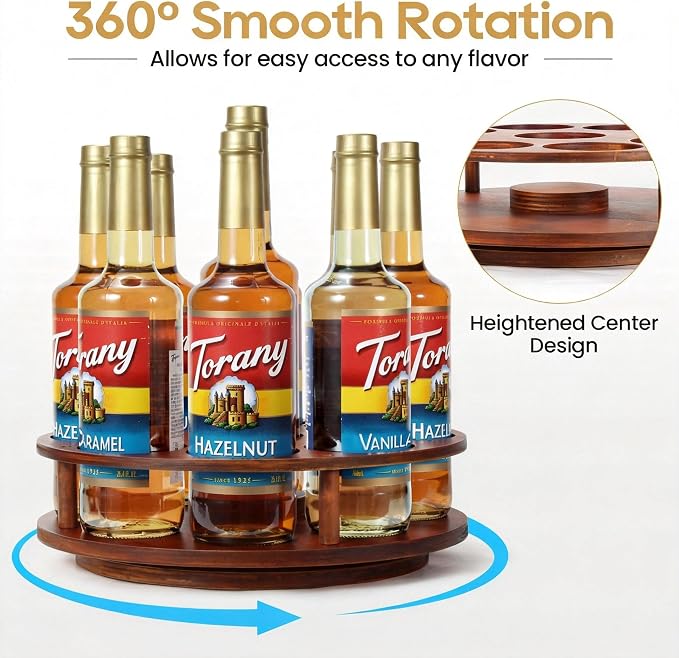 THYGIFTREE Rotating Coffee Syrup Organizer for Countertop, 9-Bottle Wooden Syrup Rack & Bottle Holder for Coffee Bar Station, Turntable Display Stand, Brown