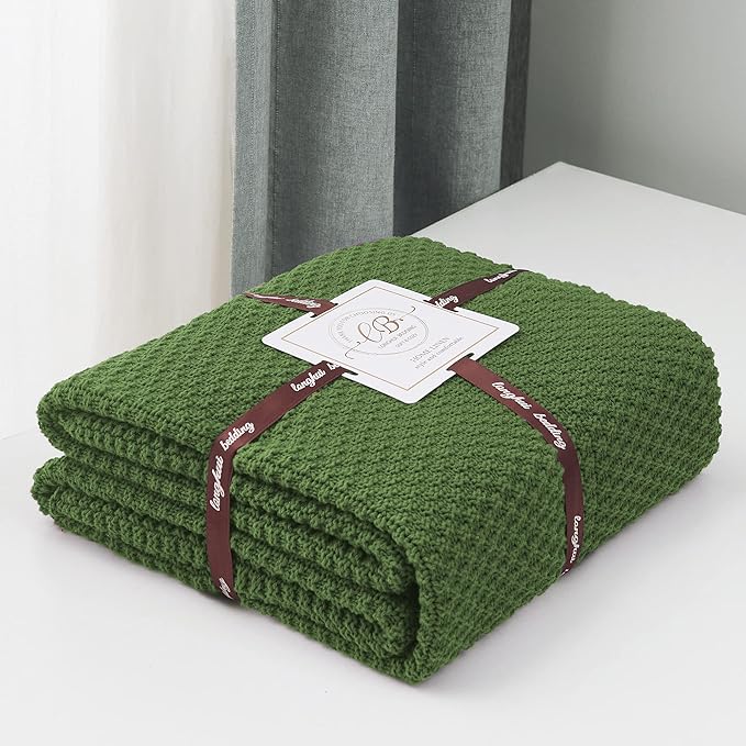 Longhui bedding 100% Cotton Knitted Throw Blanket – Olive Green, Soft & Cozy, Machine Washable, 51"x63" – Perfect for Living Room, Couch, Sofa, Bed or Travel