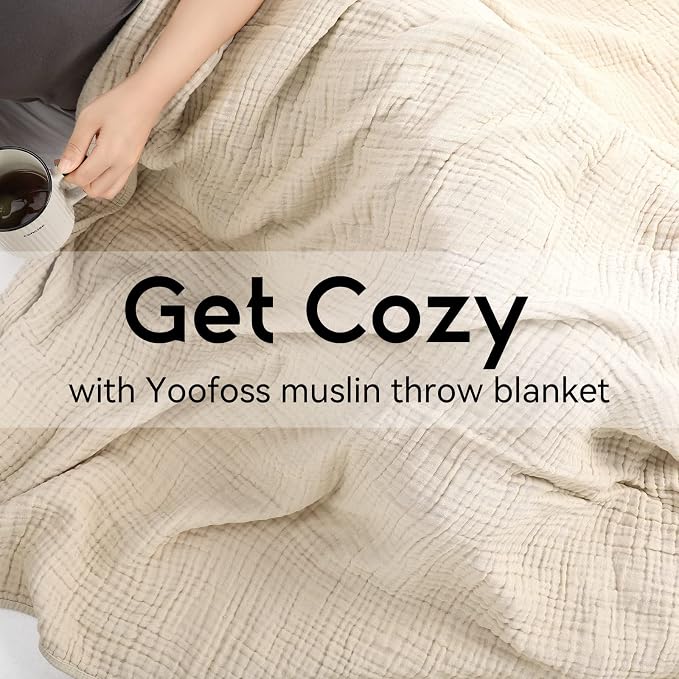 Yoofoss Muslin Blanket 100% Organic Cotton Large Twin Size 60" x 80" for Bed Couch Summer Gauze Blanket for Adults Lightweight and Breathable Apricot White
