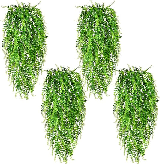 Waipfaru 4Pcs Fake Ferns Fake Hanging Plants Artificial Ferns for Outdoors，UV Resistant Plastic Fake Plants for Indoor Wall Porch Wedding Party Holiday Decor