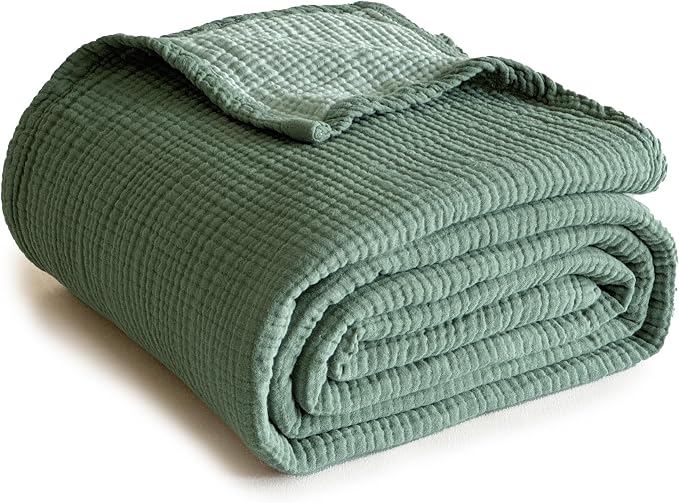 Simple&Opulence 100% Cotton Muslin Blanket Twin Size, Lightweight Breathable 4 Layering Gauze Blanket for Bed Couch Camping, Soft Bedspread Coverlet All-Season Use (Sage Green, 68"x86")