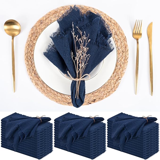 36 Pack Navy Blue Handmade Cloth Napkins 12 x 12 Inch Cotton Linen Napkins with Fringe, Washable and Reusable Napkins, Soft Rustic Boho Fringe Cloth Napkins for Dinners,Parties, Wedding