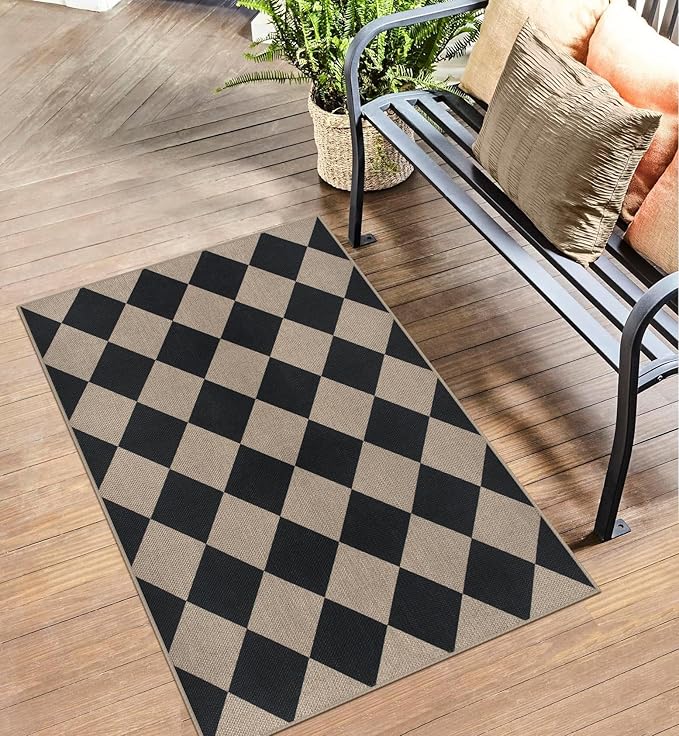 Rugalia Easy Jute Checkered Entryway Rug, 2.6x4 Black Modern Indoor Outdoor Doormat, Washable Non-Slip Neutral Kitchen Rug Farmhouse Diamond Throw Rugs for Entrance Bedroom Bathroom