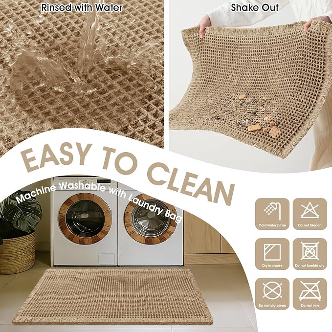 Waffle Bath Mat, Boho Woven Modern Bath Rug Absorbent Non Slip, Ultra Soft Bathroom Mats, Machine Washable Knit Bath Rugs with Triangle Border for Bathroom, Bedroom, Kitchen, 32"x20", Beige & White