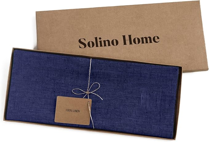 Solino Home Linen Table Runner 48 Inches - 100% Pure Linen Chambray Navy Table Runner 14 x 48 Inch Ideal for Dresser and Coffee Tables - Summer, 4th of July - Athena