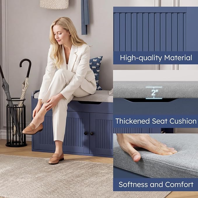 40" Storage Bench - Entryway Shoe Bench with 3 Doors and Top Storage Area, Multifunctional Entryway Bench with Lift Top Cushion, Shoe Storage Bench for Bedroom, Living Room, Navy Blue