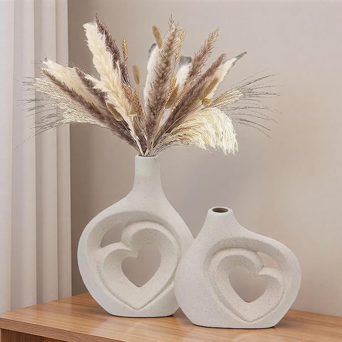 Cream White Ceramic Heart Shaped Vases Set of 2 for Decor, Nordic Flower Vase for Home, Table Centerpiece, Wedding, Living Room, Bookshelf, Office, Entryway (H 8.5in)