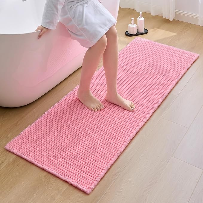 ILANGO Upgraded Waffle Bathroom Runner Rugs,Super Absorbent Boho Non Slip Bathroom Mats Quick Dry,Ultra Soft Machine Washable Mat with Tassels for Hallway,24x72,Pink