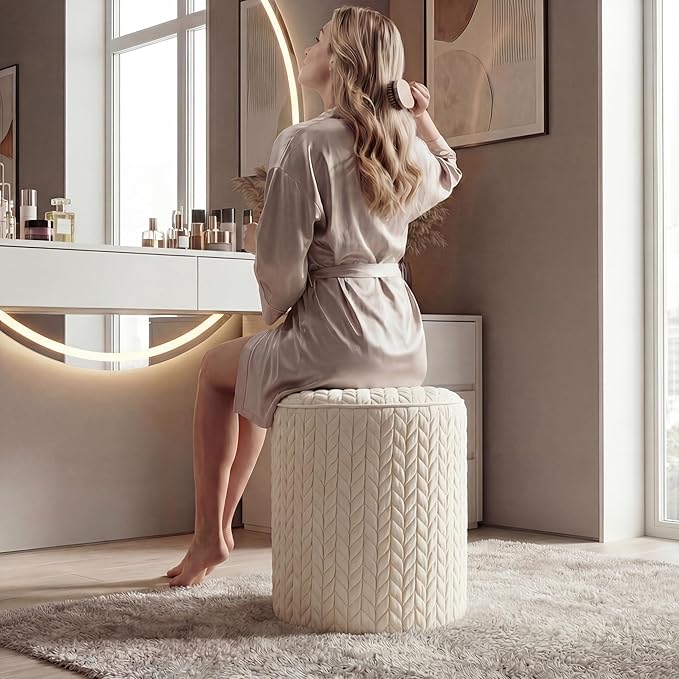 Modern Round Vanity Stool, Small Wheat Pattern Ottoman, Cute Velvet Foot Stool, Tufted Fabric Footrest, Upholstered Vanity Chair, Stool for Makeup, Bedroom, Living Room (1PCS, Wheat Pattern-Beige)
