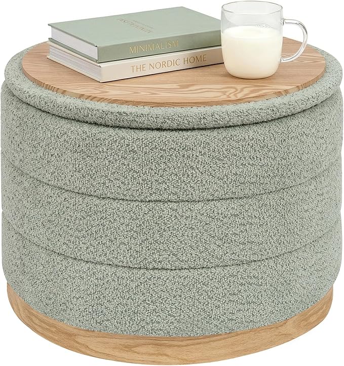 PINPLUS Chenille Folding Ottoman Footstool, Round Storage Ottoman, Soft Fabric, 330 lbs Load Capacity, Large Ottoman for Living Room, Bedroom, Dorm, Green Colors