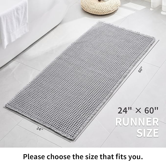 Disolla Waffle Bath Mat, Non Slip Absorbent Bathroom Runner Rug, Washable Quick Dry Ultra Soft Long Bathroom Floor Mat, Large Dark Grey & White Bath Rug for Tub Shower, 24''x59''