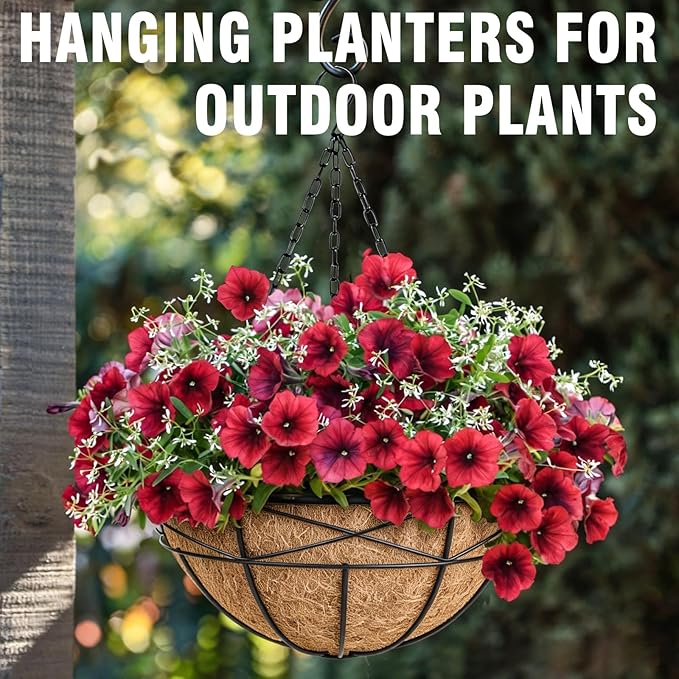 2 Pack 20 Inch Extra Large Deep Hanging Planters for Outdoor Plants Watering Hanging Baskets Flower Pots with Coco Liners Metal Hanging Plant Holder for Porch Balcony Garden Decor