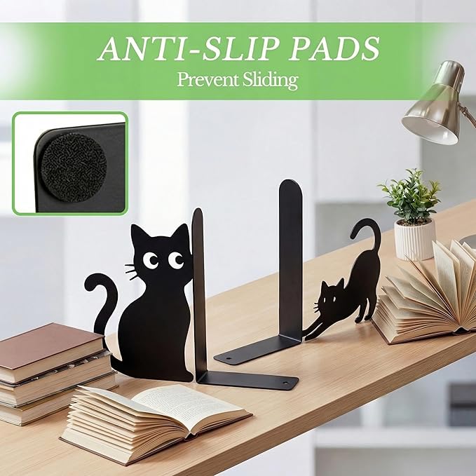 Sanwarm Metal Bookends Funny Cats Black Book Ends Decorative Bookend for Home Office Library Desk Book Shelves Decor, Gift for Reading Enthusiasts Non-Skid Book Stoppers Holder (1 Pair)