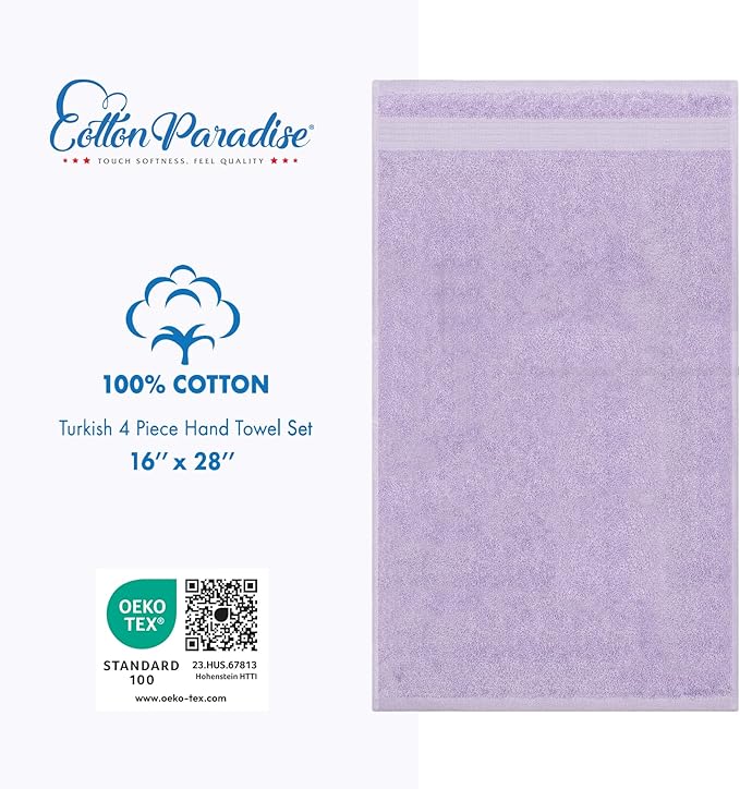 Cotton Paradise 100% Cotton Turkish Towel Set, Soft Absorbent Quick Dry, 4 Piece Hand Towel Set, Lilac